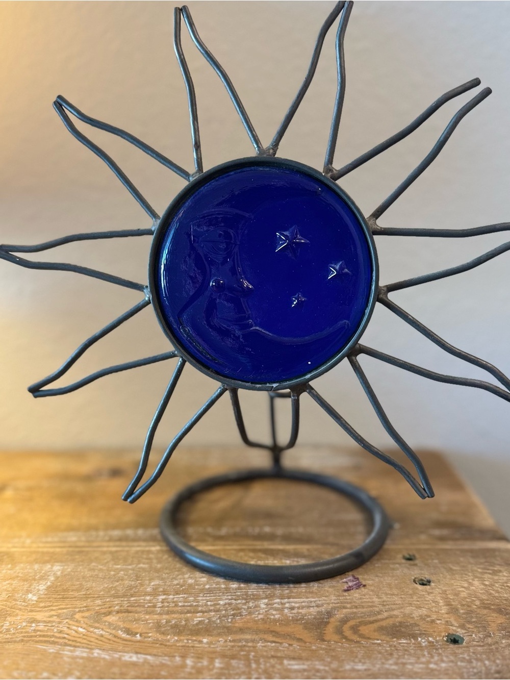 90s Celestial Sunburst Metal & Blue Glass Home Art Accent